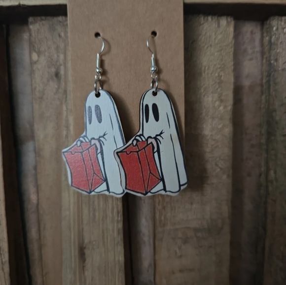 Halloween Ghost Wooden Earrings - Picture 1 of 1